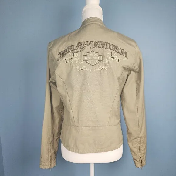 HARLEY DAVIDSON Khaki Full Zip Motorcycle Biker Jacket w/Pockets Sz S - Picture 2 of 7